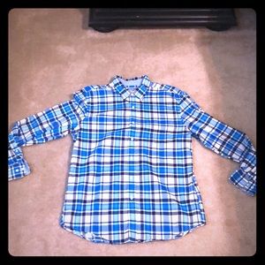 Long sleeve button down bright blue plaid shirt